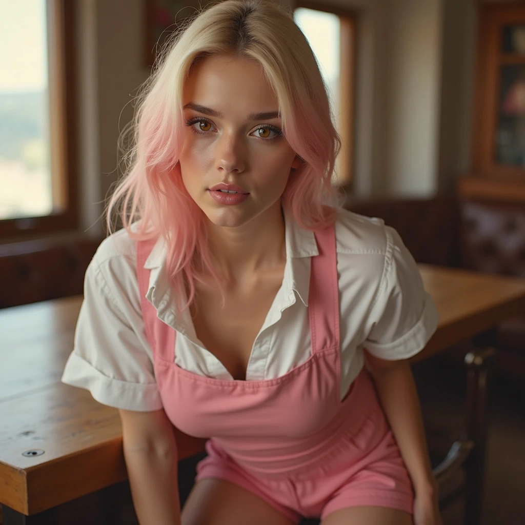 tattooed full body, fine and delicate woman, photo portrait, realistic, pink eyes, long eyelashes, almond-shaped eyes, red lips, punk rap style, seductive neckline, pink cotton blouse. intricate details, vivid details, detailed skin, detailed body, vivid colors, bokeh, long pink hair, colorful hair, listening to music, dj, cute figure. sitting thinking, thoughtful, sitting leaning on a wall with GRAFFITI images.