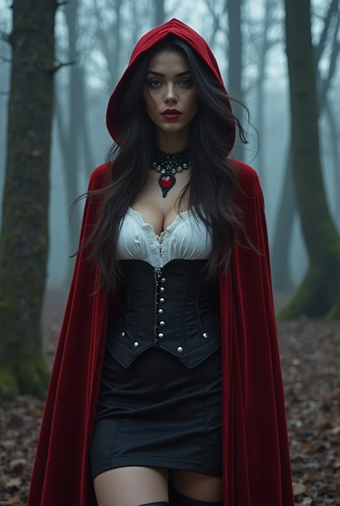 NSFW Long hair girl, black in color, blue colored eyes. with big breasts, slim with hips and ass, no belly. Dressed as Little Red Riding Hood in a full suit, long dress.