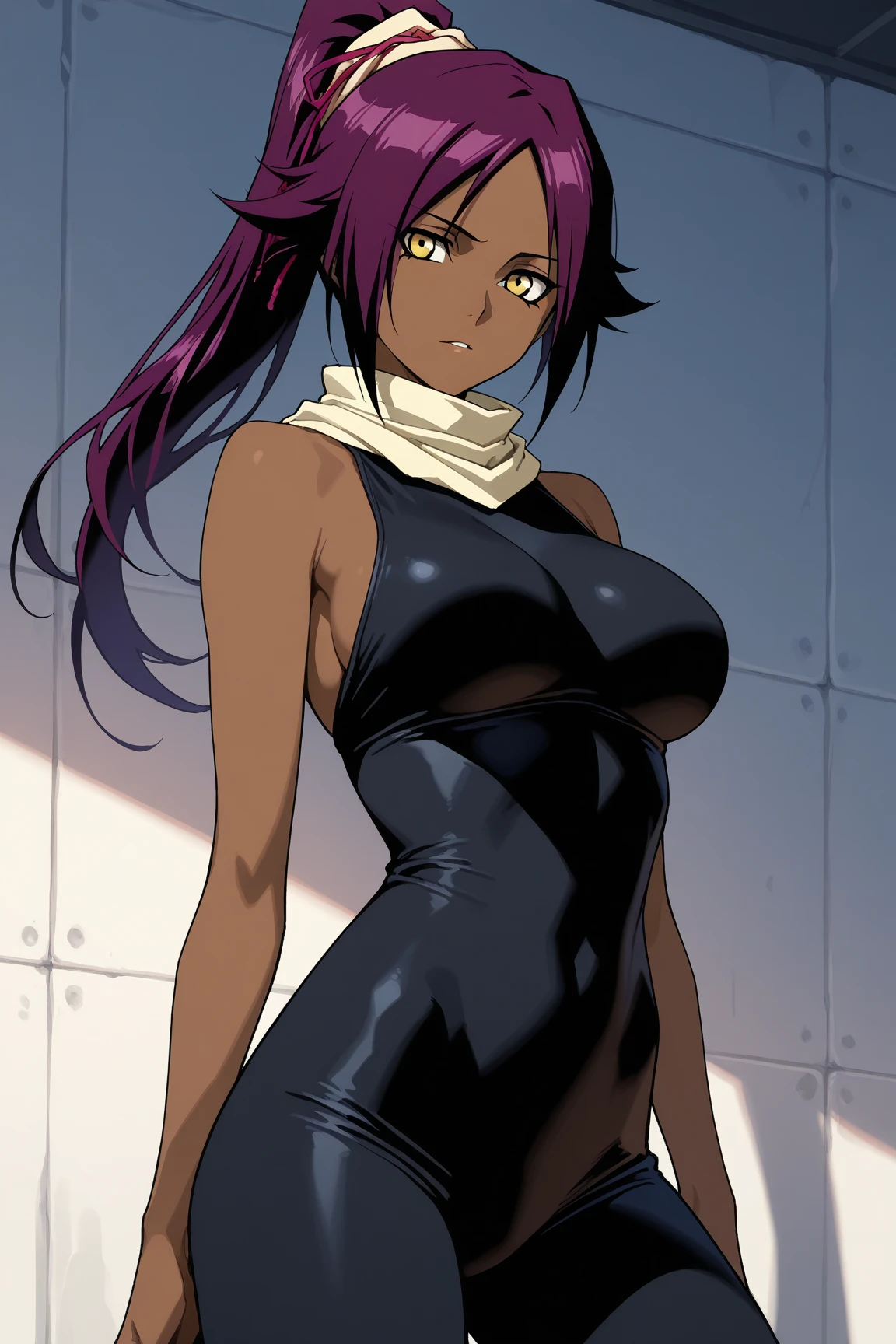 (extremely detailed CG unity 4k wallpaper),(masterpiece),(best quality),(ultra-detailed),(best illustration),(best shadow),(absurdres),(detailed background) <lora:OGT_Yoruichi_Shihouin-v3:0.8> Yoruichi Shihouin, 1girl, solo, dark-skinned female, dark skin, purple hair, ponytail, yellow eyes, sleeveless, black , detached sleeves, medium , long hair, looking at viewer, anime coloring, beautiful, light smile