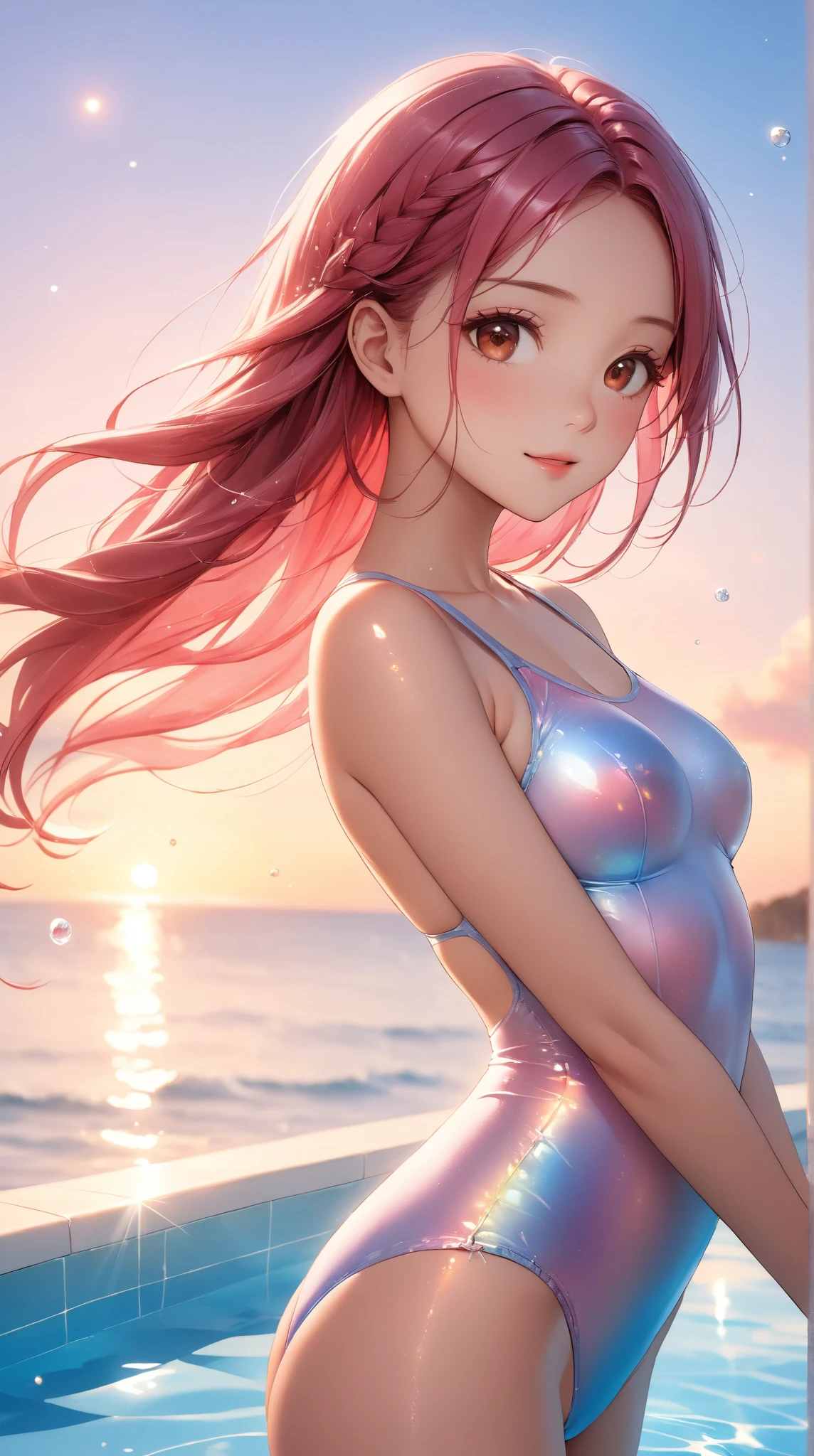 Sand E. is a tan-skinned girl with normal black eyes and light pink cheeks. Her hair is a blue-green color and worn up in short messy pigtail buns with dark orange hair bows. She wears a pink tank top with a white belt, a shiny purple mermaid tail and translucent pink cloth around her hips.
When exposed to cold water, Sand E.'s skin, cheeks, and bows become a lot lighter while her hair turns deep purple. She wears a white and peach striped bathing suit with a red string-tie around her neck and a small matching bow on her hip, tying the white cloth with tiny peach polka dots printed all over. SPARKLE; GLITTER