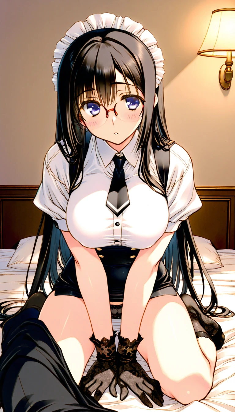 long_hair, bangs, yellow eyes, smile, hair_over_one_eye, light_brown_hair, breasts, blush, halo, large_breasts, ribbon, bow, bowtie, hair_ribbon, blue_bow, blue_bowtie, cleavage, blue_ribbon, very_long_hair, mole, mole_on_breast, dark skin, hair covering one eye, nipples, nude, lactating, milk leaking out of nipples