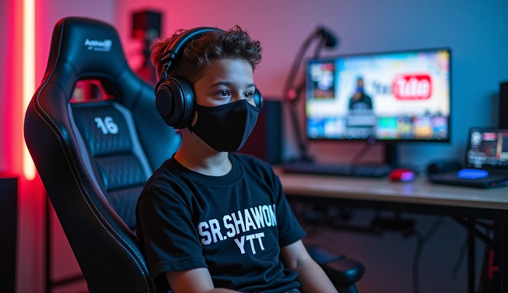 (photorealism:1.2), beautiful boy, sitting on sofa in gaming room, wearing red shirt , black pants,red sneakers, black cap,indoors, soft lighting, playing pubg on ps4,cozy room, gaming pose, realistic, intricate details, warm colors, Write Arbab Hassan with capital fonts on the wall.