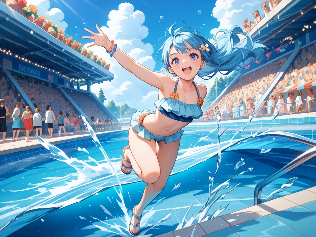 Highest quality、High resolution、Detailed Background、Beautiful face in every detail、Teenage beauty、Cute hair colors、Perfect body line、swimming、Olympic Stadium、The pool shines blue、The audience is filled with excitement、The sun is shining high、Elite athletes、Tone muscles、The swimmers line up at the edge of the pool waiting for the starting signal.、The players jump in together、Water splashes and swimmers swing their arms and kick their legs vigorously.、The water battle has begun、Healthy Beauty