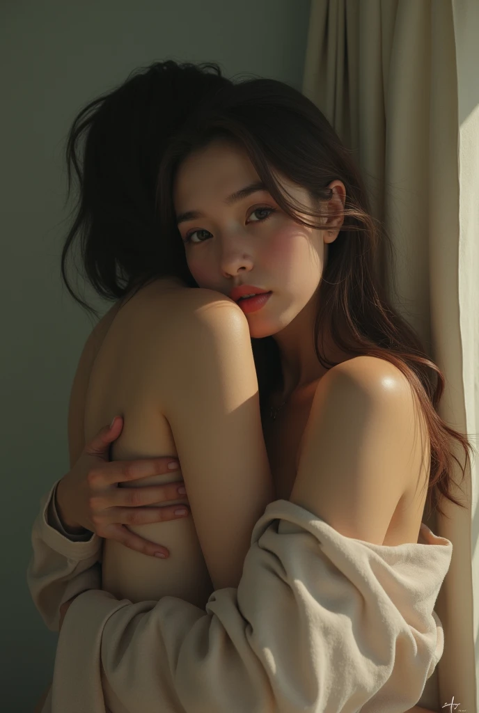 A female music teacher hugs her sexually aroused student, without clothes, beautiful Korean face, thin body, without clothes