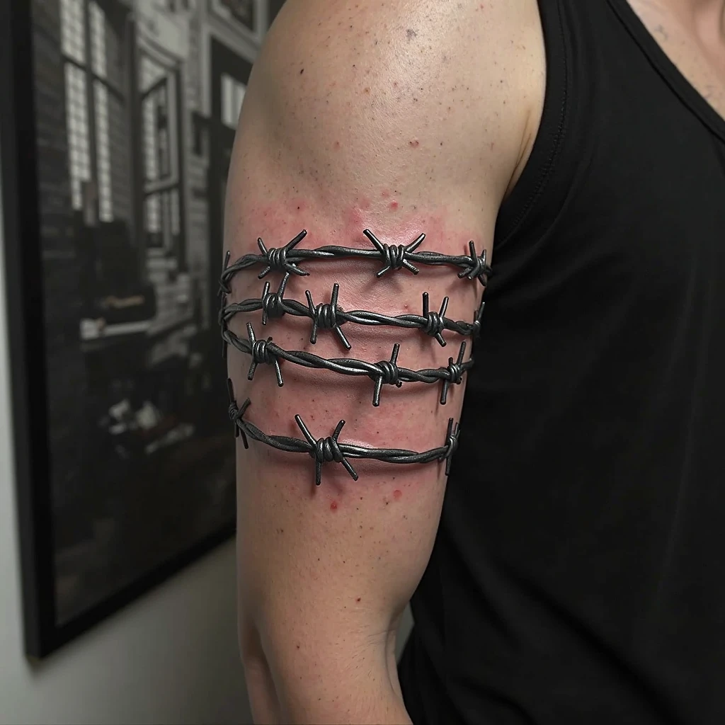 Spread out small on forearm wrapped around arm small barbed wire tattoo