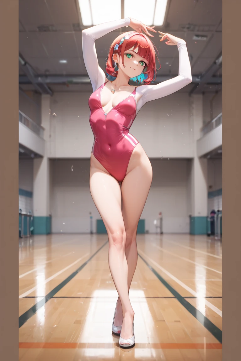 (best high quality image, very detailed clean image, carefully detailed image, carefully detailed character, solo alone character, no deformities in background and character, full character view and design)
{{(1woman 50 years old milf elf citizen), (crimson red hair tied in a ponytail with a pale white beautiful ribbon, fair skin, light blue green eyes, thin lips, big breasts, big butt, beautiful legs, short pointed ears with tiny orange gems, happy smile, joy (standing and dancing during fitness)), ((dark blue square glasses), (white white one-piece leotard, pink sport shoes, light green socks)), (viking styled modern living room, orange wooden floor, sunny morning through the windows)}}
