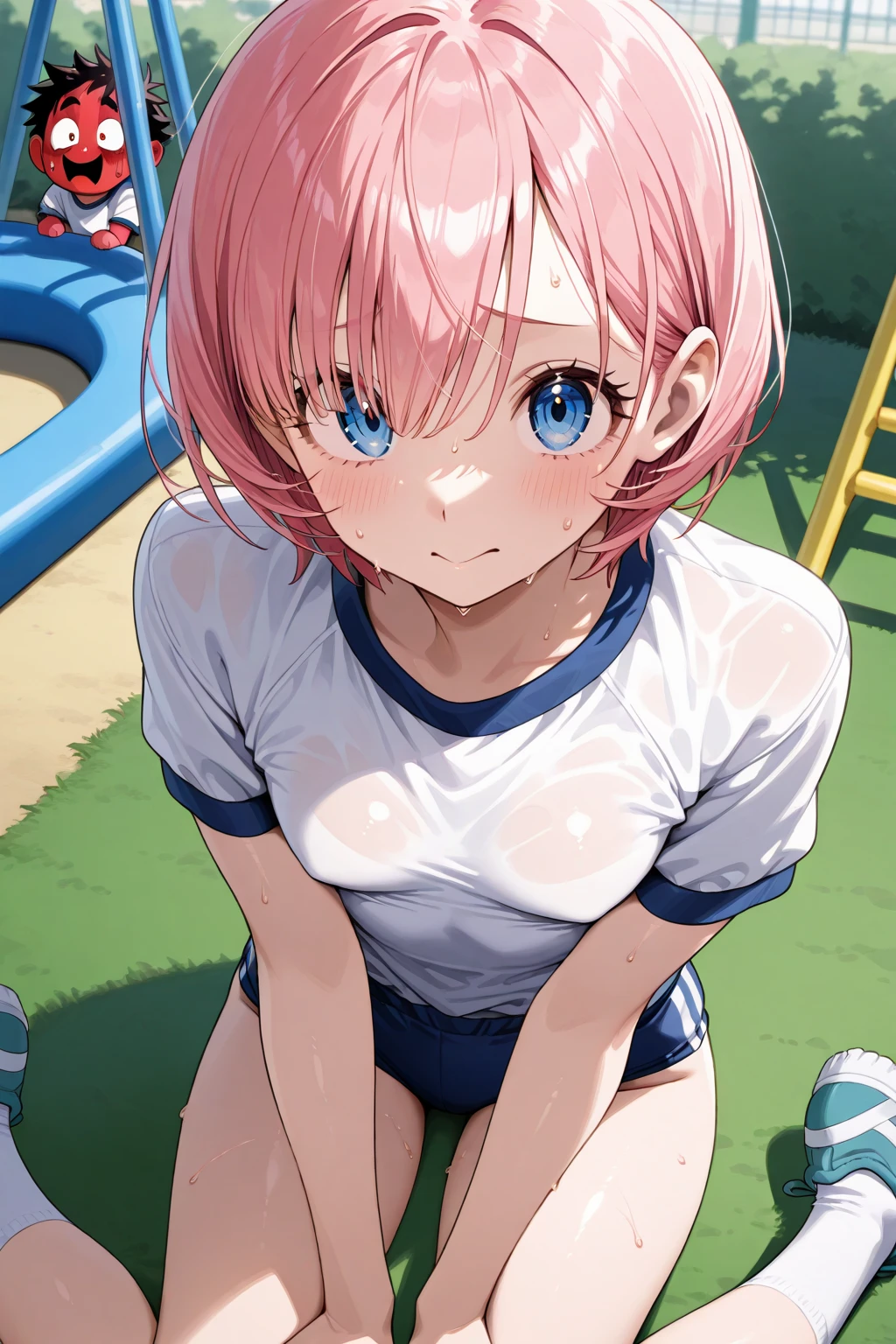 8k,Highest,quality,(highest quality:1.1), (masterpiece:1.4), (Confused:1.0), 
1 person, Deviluke Type, hair ornaments, Bobcut, Short Hair Pink Hair, Purple eyes, Medium chest,((School Swimsuit)), Her Room, (blush:1.2), smile,（Perfect Fingers）,Squat,Spread your legs ,ass pov,Heavy breathing,mesugaki,masterbation,pussy line,
