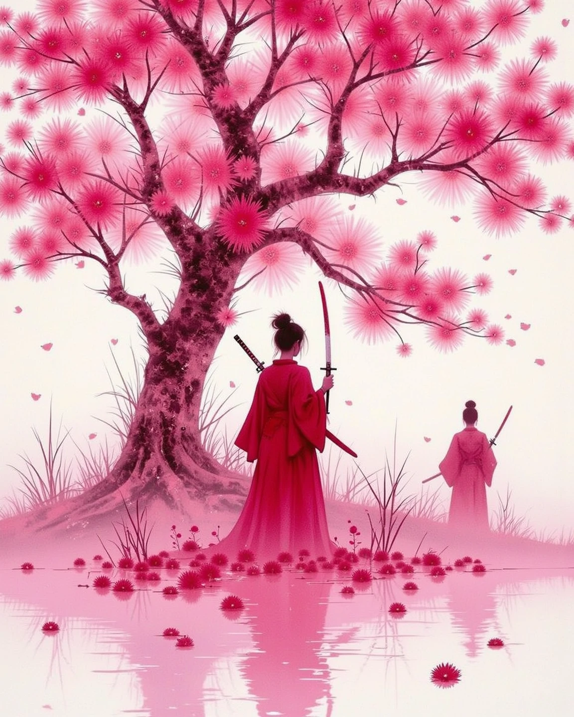 in vibrant pink The silhouette of the samurai，and blends in with the surrounding natural elements, blossom-like cherry blossoms. Female figure standing in a natural position, waving a tall samurai knife, with smooth strokes. embody the simple aesthetics of Japanese tradition and the dynamic weaving style {x} The flowing robes of the characters seem to blend harmoniously with the scattered petals, Dynamic，in the color tone. Background, A splash of white, enhances the pink and red tones, creating a striking contrast. The overall scene exudes an elegant and powerful atmosphere, Reminiscent of a cherry blossom tree and firm pink tones. exudes a sense of excitement and elegance, This work captures a moment of tranquility and focus，standing in a blossoming silhouette.