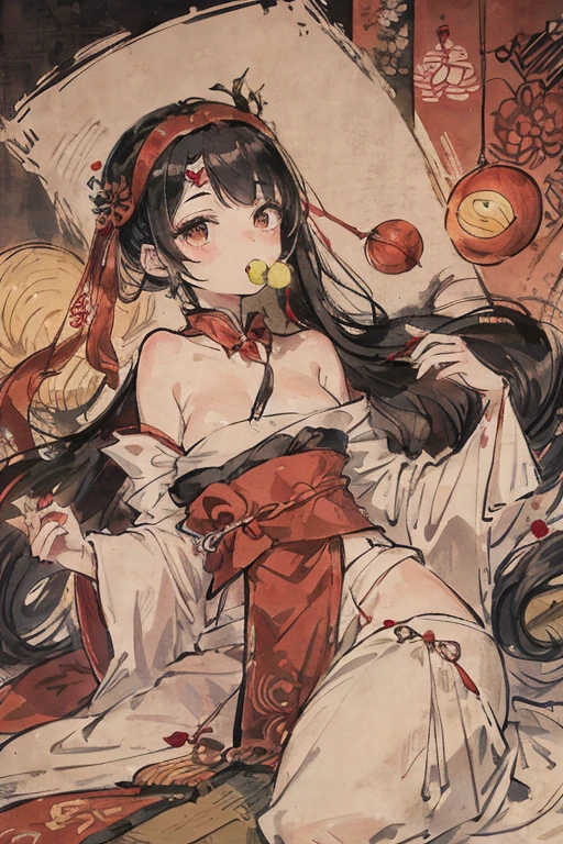 Anime girl sitting on the bed，There are birds and oranges on the body, Anime visuals of cute girls, Hanayamamata, Brunette magician, Anime girl wearing black dress, official art, Anime Illustrations, official artwork, anime style illustration, Clean and detailed anime art, Anime full body illustration, anime graphic illustration, Anime girl squatting, Ehime,8K,delicate eyes,beautiful pupils.