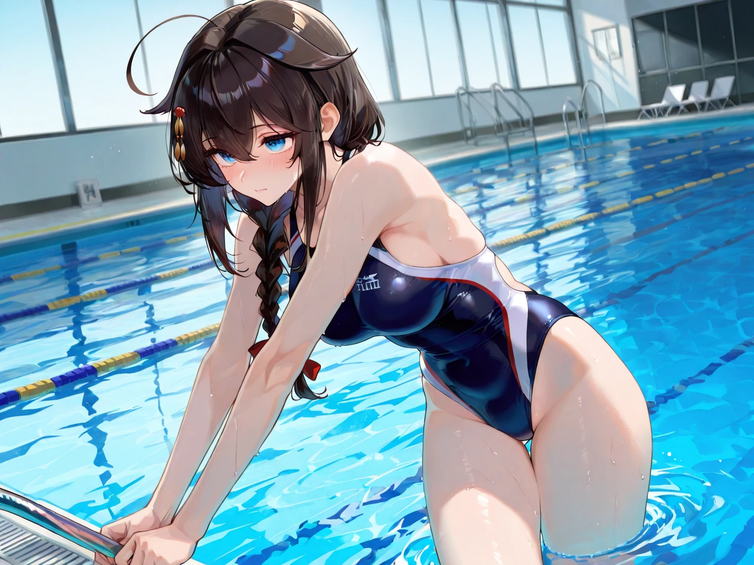 NSFW, sexy, A high-quality depiction of a female swimmer in an intense freestyle race during an Olympic event. She is wearing a sleek professional rubber swimsuit and a swimming cap, with water droplets on her suit and skin showing the effort and intensity of the race. The swimmer is in mid-stroke, and water splashes and sparkles around her, emphasizing the challenging nature of the competition. The scene is set in a brightly lit indoor Olympic pool, with the blurred crowd in the background. The artwork is in a vibrant anime-inspired style, focusing on the swimmer's muscles, the water effects, and the overall atmosphere of the close competition. --Olympic, --swimming race, --splash, --wave, --wet, --swimming pose, --sexy