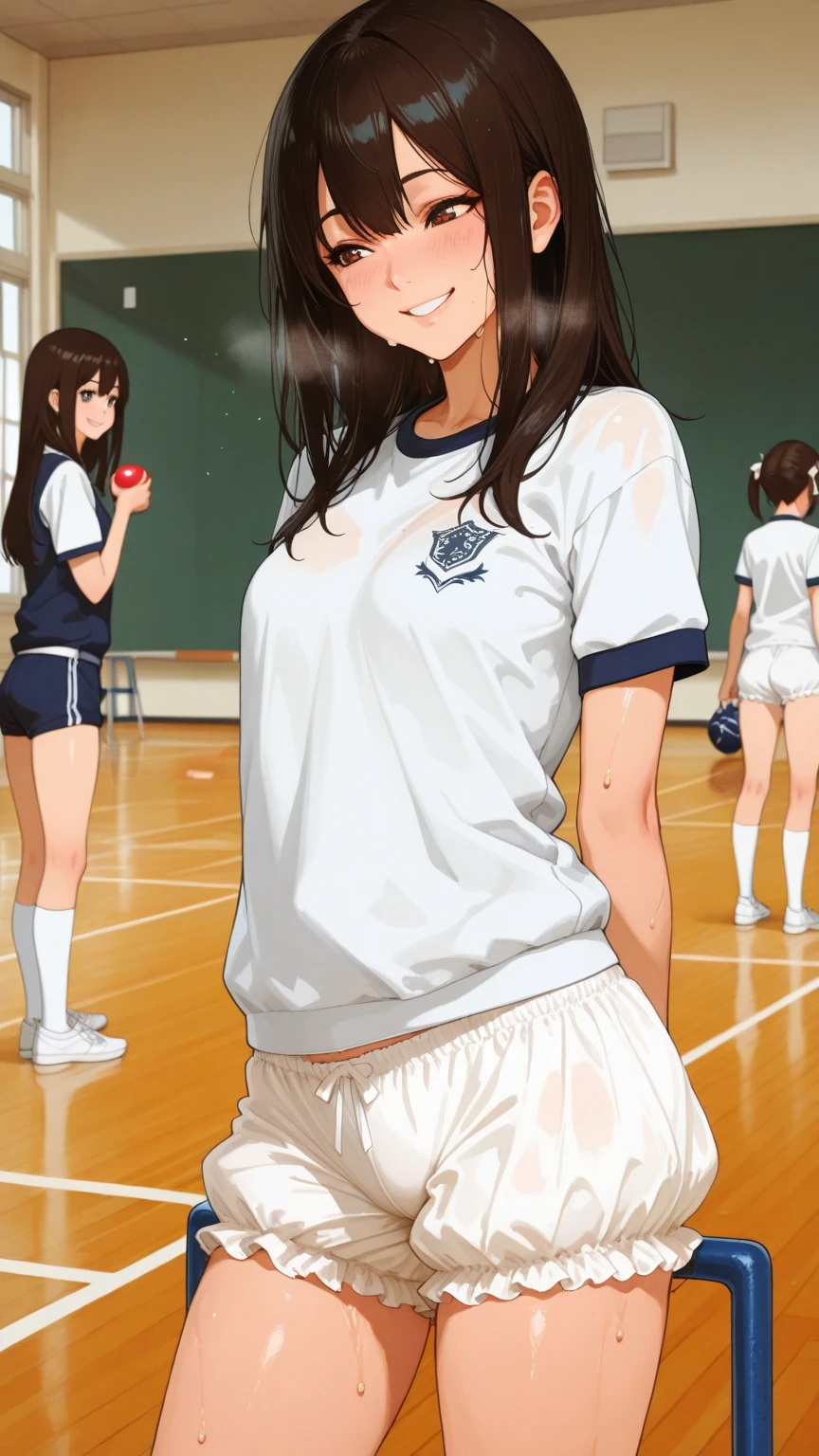 (masterpiece, high quality), (Multiple Girls), 14, Female student, locker room, (White panties), Sporting goods, (Group selfie), Wide-angle, Soft Light,
