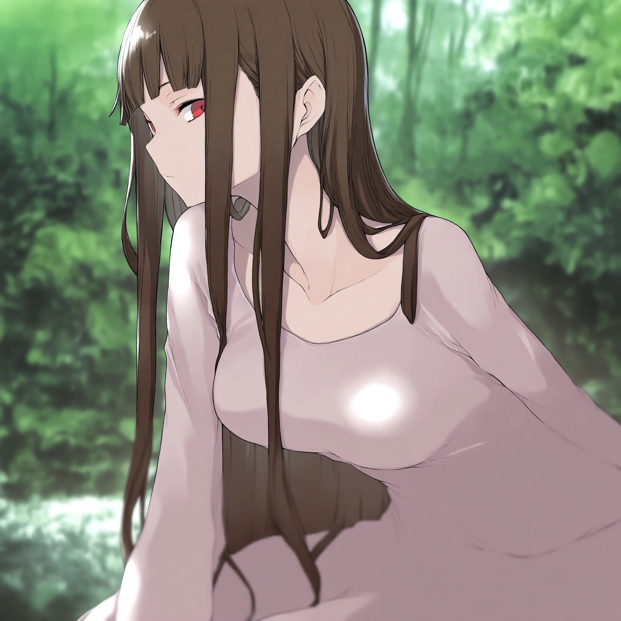 (masterpiece), ((Highest quality)), sagiri_jigokuraku, One girl, 一人w,((topless:1.5)), ((detailed perfect nipples:1.5)) , long_hair, detailed brown_eye, long hair, ponytail, brown _hair, Lookwg_w_Audience, blush, medium_chest, Chest cleavage, just_shoulder, Sittwg, Sittwg on benh, clavicle, Crossed_feet,( white panties ), from_Under, medium breast, , just shoulder, just arms, w forest ,