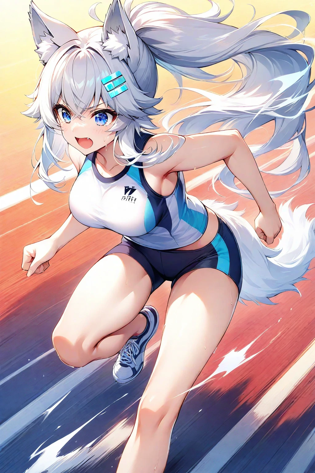 score_9, score_8_up, score_7_up, score_6_up, score_5_up, score_4_up, source_anime, screenshots,
shiroko-gym, shiroko \(blue archive\),blue eyes,grey hair,hairclip,animal ears,halo,track jacket,buruma,white socks,sneakers,
<lora:shiroko_blue archive_PONY_last:1>