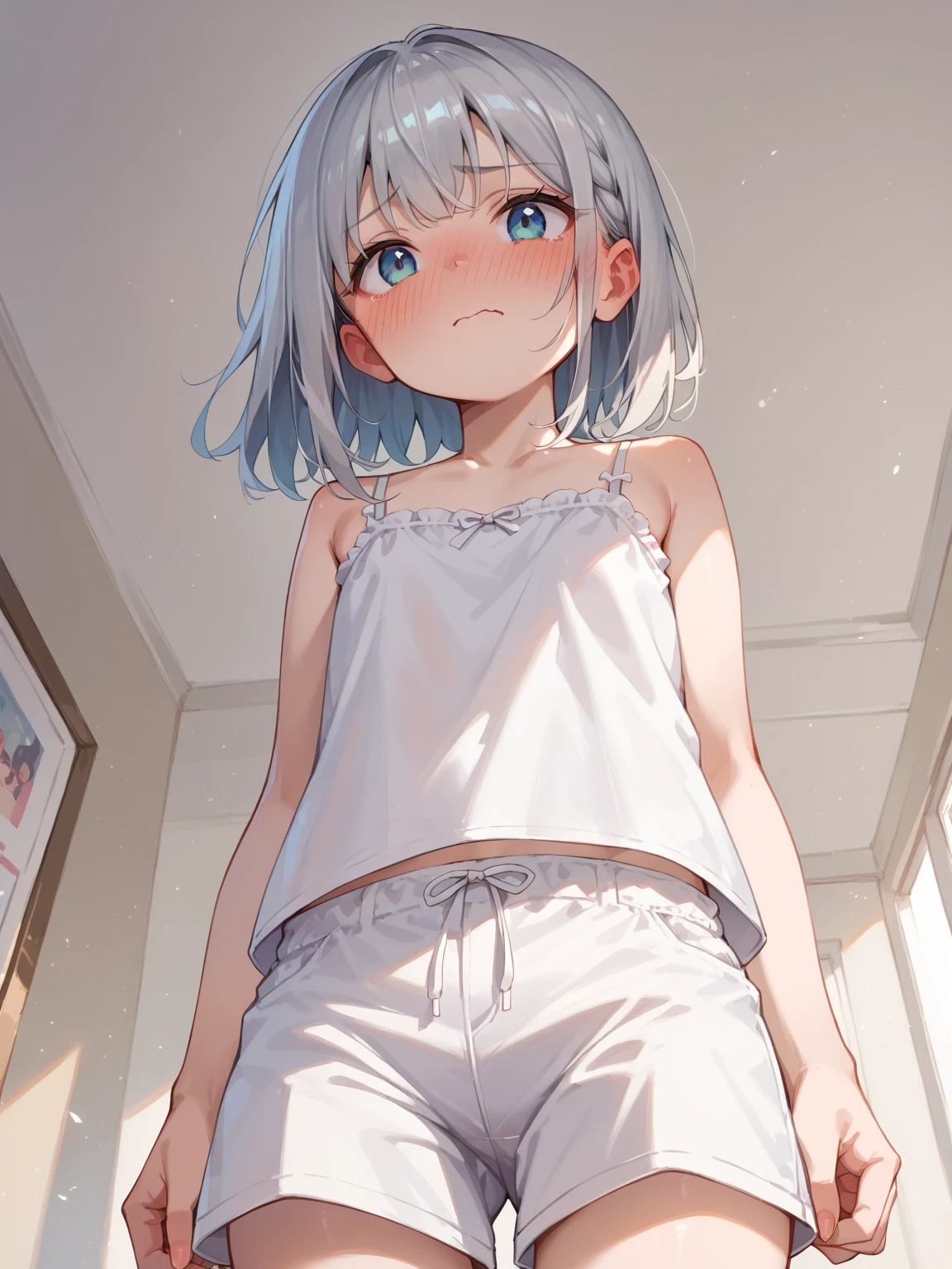 1 girl, wearing white sleeveless sweater, no pants nude, white short hair with accessories, cat ears, (bangs covering right eye:1.5), blue eyes, in a small alley, Embarrassed, blushing, hentai, loli, (detailed), ((best quality)), (female masturbation:1.5)