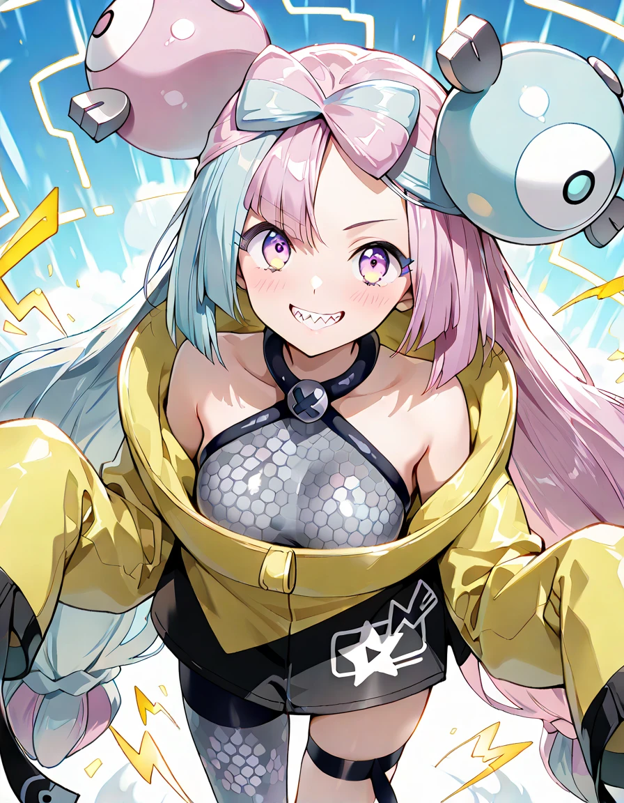 masterpiece,best quality,1girl,Nova,headgear,flat chest,wide hips,thick thighs,pink hair,ponytail,long hair,school uniform,miniskirt,smile,multicolored background,<lora:NovaWF:0.6>,