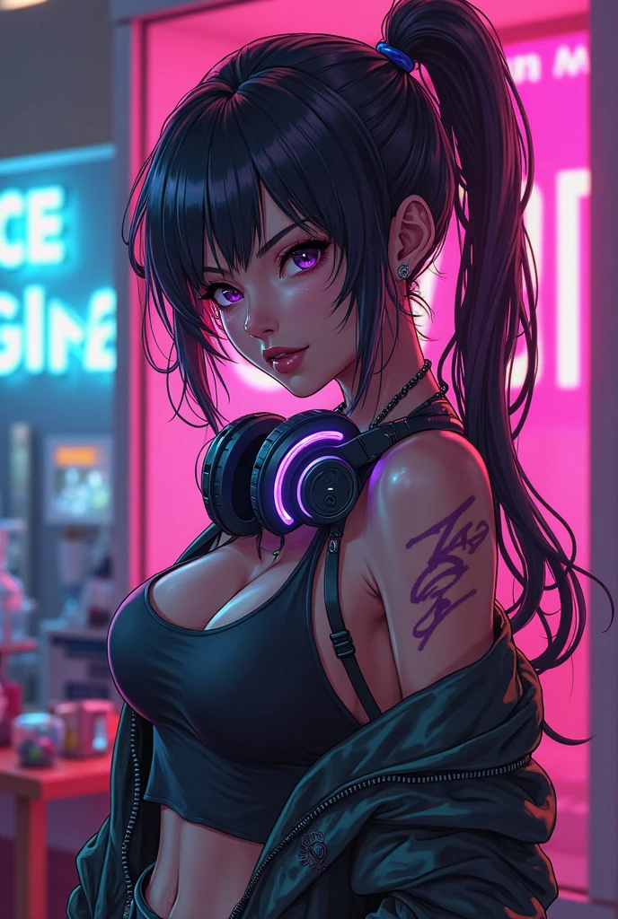 (Hinata Hyuga, Crossing your legs, Adult women, Very sensual, In tight clothes, Big Ass, Thick legs, Jean Shorts, Wearing a mini blouse, Navel comes out, Long Hair, Rear speakers, Very realistic, View of the Cyberpunk City, Clearly defined lines, Neon Lights Very Sexy, 8k, 8k Very detailed), (Very delicate and beautiful), (masterpiece), (Better Quality: 1.0), (Ultra-high resolution:1.0), ((Synthwave Background Theme))