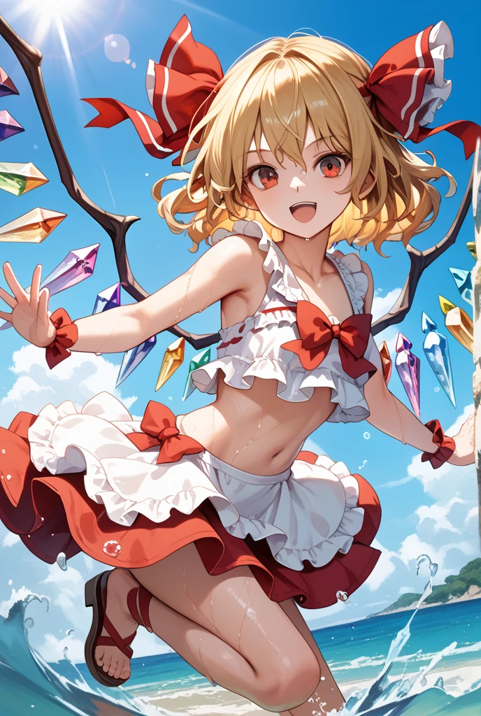 masterpiece, medieval townscape horizon Upper body girl, big breasts, ((((((bikini armor)))))), Thighhighs, nsfw, spread legs hands behind head (((flandre))) blunt bangs, bob hair, red eyes looking at the viewer ((from front)), open mouth, scared, standing, spread legs orgasm, scared, arms up behind, ((abs)) ahegao, angry, fang