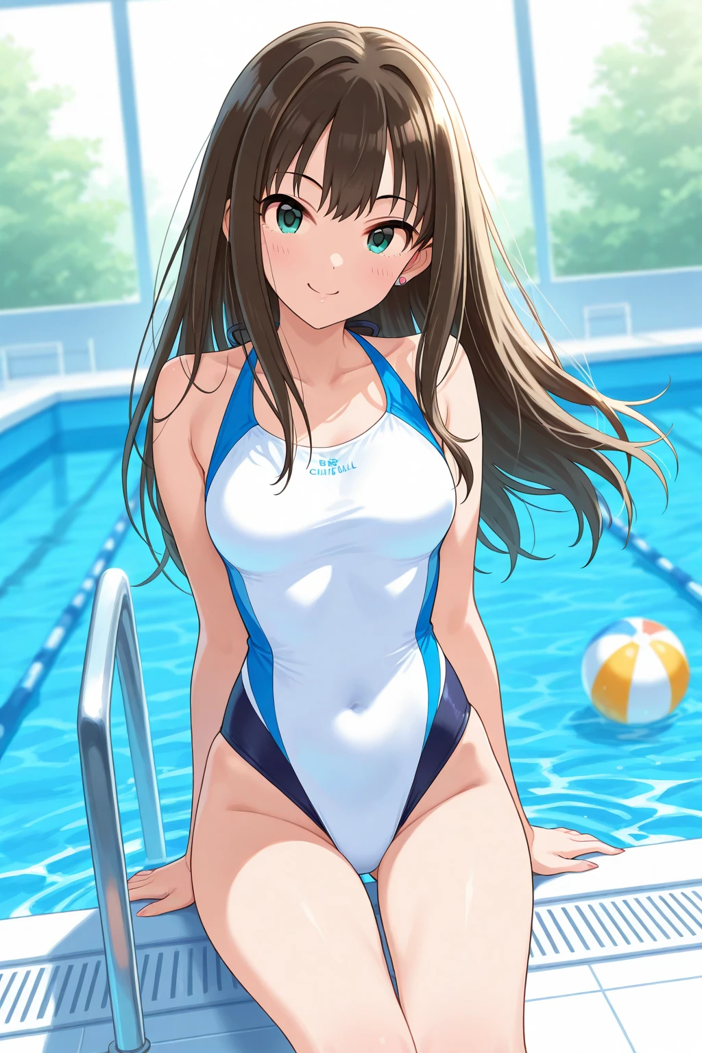masterpiece, Best quality, Hi-Res, yuuko1, 1girl, Solo, Green eyes, Long hair, Bangs, Eyebrows, One Piece Swimsuit, Poolside, Open mouth, Smile, Wet,