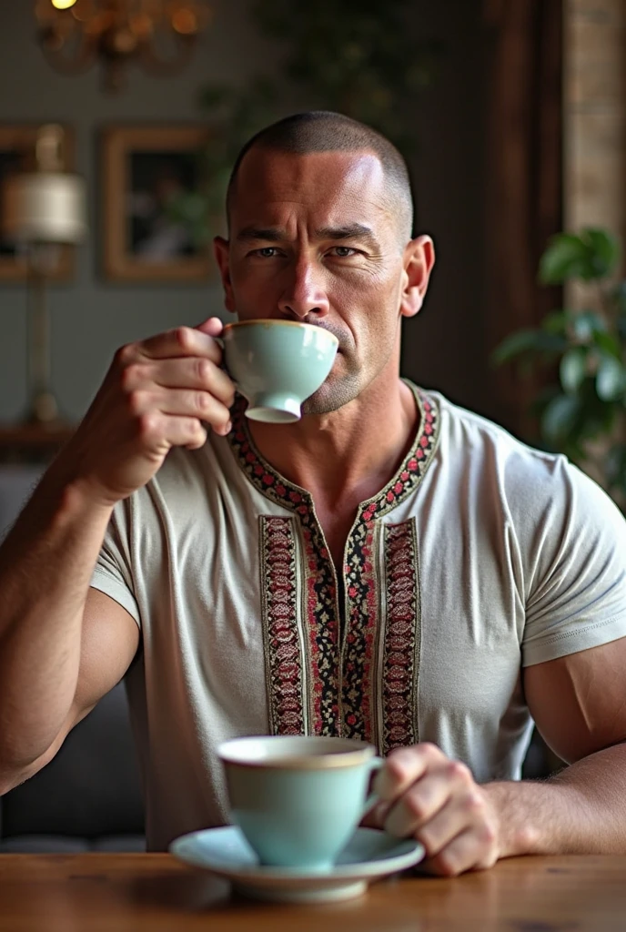 photorealistic, best quality, masterpiece, extremely detailed, very sexy, very homoerotic, extremely handsome, 30 year old muscular filipino man, full body tattoo, (muscular bodybuilder), (smiling), wearing only apron, holds out steaming cup of coffee towards camera, in kitchen, extremely romantic atmosphere, perfect face, perfect fingers, perfect hands, perfection