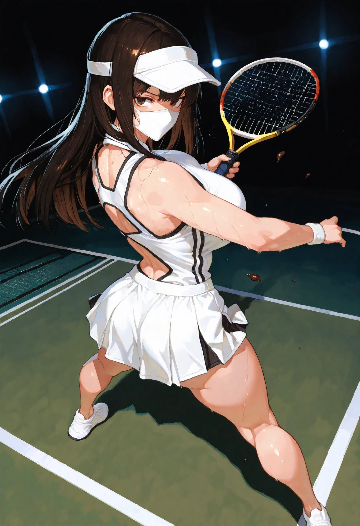 (Perfect Anatomy, Anatomically correct, Very detailed肌), 1 Girl, Japanese, 19 years old, Shiny skin, White skin, Take in the view, Front view,
Beautiful Hair, Beautiful Face, Beautiful attention to detail, Golden Eyes, (Long Hair:1.7, Side Ponytail:1.5, Light brown hair), Baby Face, Mole under the eye,
Beautiful clavicle, Beautiful body, Beautiful breasts, Beautiful thighs, Beautiful feet, Large Breasts:0.5, Captivating thighs, Camel Toe, break,
((Symmetrical Clothing Metallic)), ((Pink tennis uniform, Short sleeve, shirt, skirt, socks, Tennis shoes), White panties), ((Slave Collar)), break,
(((((Brown rope)), shibari:1.5, (Tying over clothes)))), ((Put your arms behind your back:1.5), Chest Bondage, Arm bondage Leg bondage), (((Toys in panties))),
((Embarrassing, Open your mouth)), (Are standing),
(Beautiful views), evening, (Tennis court),
(8K, Highest quality, Masterpiece:1.2, Very detailed), (Realistic:1.2), Beautiful illustrations, Cinema Lighting,