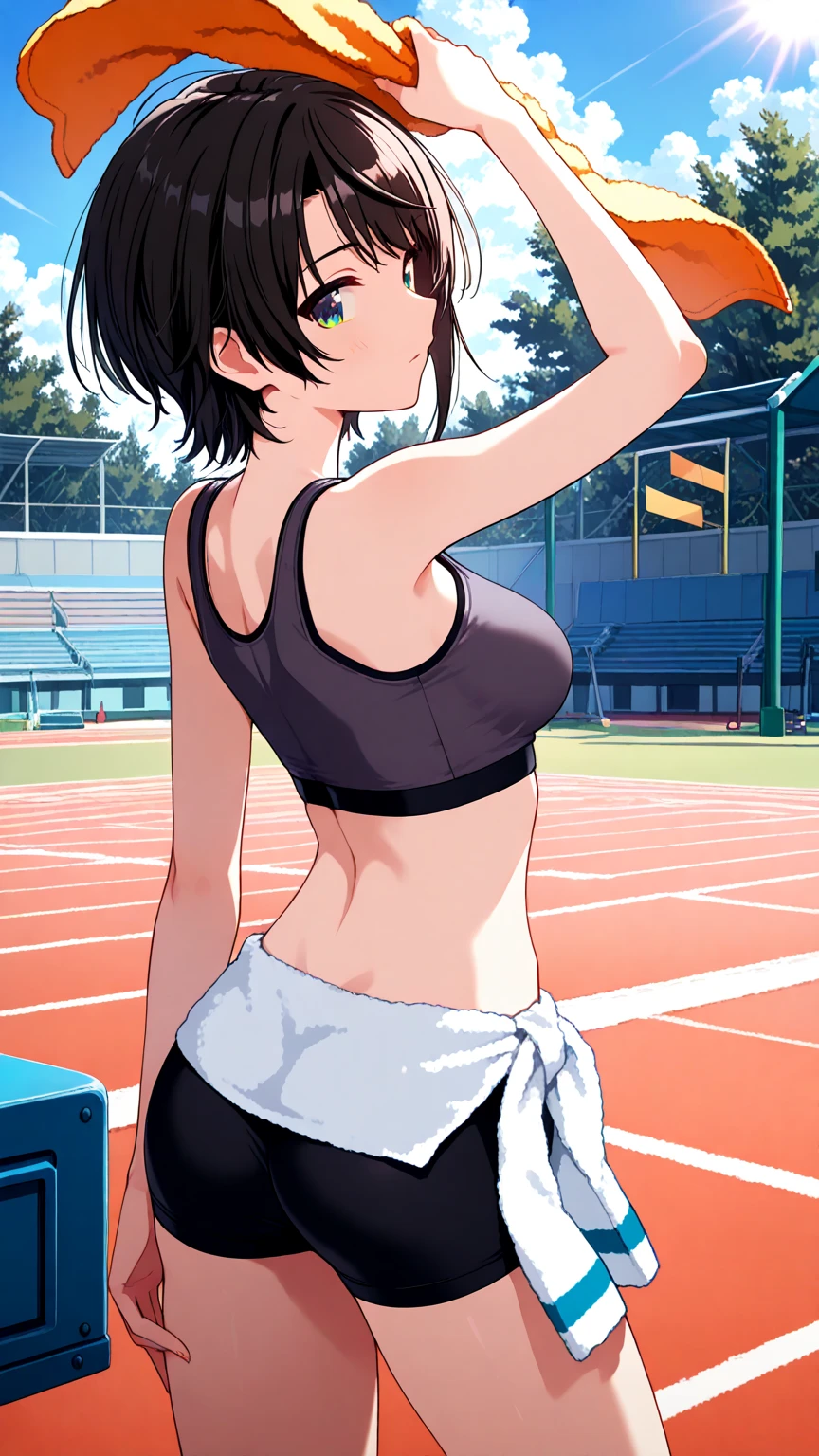 (masterpiece, best quality:1.37), highres, ultra-detailed, ultra-sharp, BREAK, Korean school idol, (((1girl:1.37, solo))), (beautiful anime face, cute face, detailed face), (black hair, thin hair, short hair, bangs, hime-cut), detailed beautiful cyan eyes, BREAK, ((detailed grey sports bra:1.5), (detailed shorts:1.5)), BREAK, lovely look, water melon earing, detailed clothes), light smile, closed mouth, parted lips, pink lipstick, BREAK, ((standing, arms behind back,:1.3, cowboy shot)), detailed human hands, HDTV:1.2, ((detailed subway station view background:1.3)), 8 life size, slender, anime style, anime style school girl, perfect anatomy, perfect proportion, inspiration from Kyoto animation and A-1 picture, late evening, excellent lighting, bright colors, clean lines, photorealistic