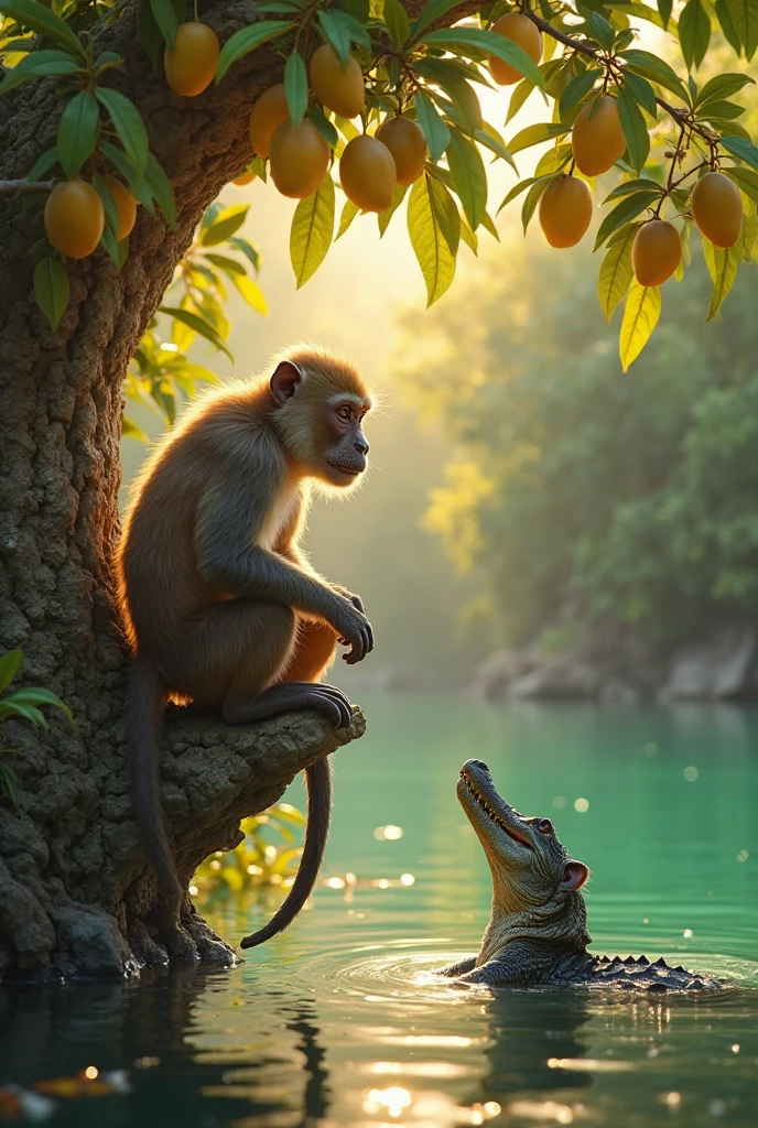 A wise monkey sitting on a mango tree by the riverbank, photorealistic ...