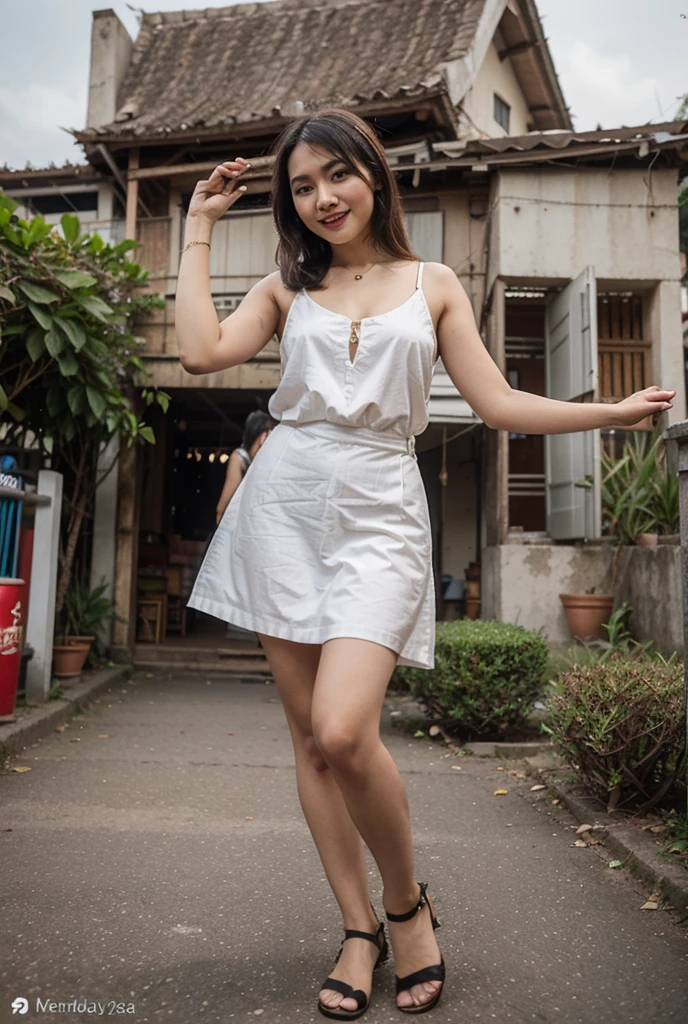 ((highest quality)), ((masterpiece)), (be familiar with), full body image, perfect face、Age 25 years old、White skin, indonesian girl、smile, neuaty teeth, Height: 165cm、glamorous、bust 95cm、Waist 70cm、Hips 98cm、(Updo hair), Wearing unbotton shirt, braless, medium breast, show cleavage, wear a shorts、wearing sandals、barefoot、bitchy, front view, background : balinese streets