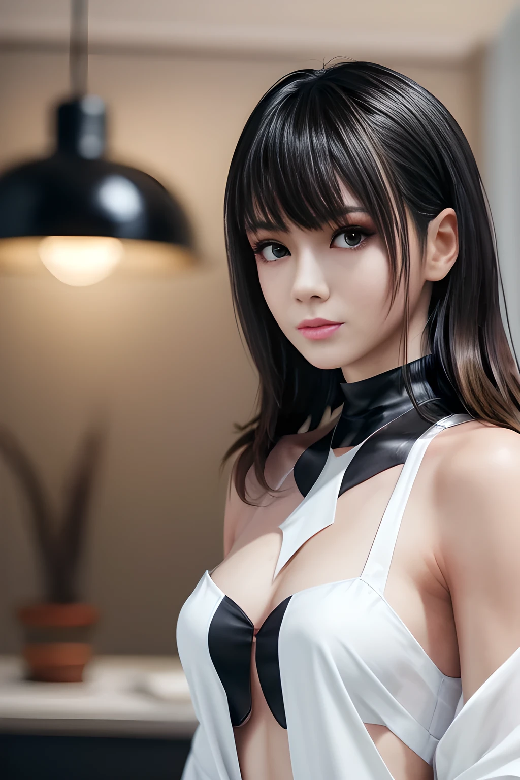 Narrow eyes, 1 girl, all white, expressionless, bob, bob, forehead, relief, black hair, bob, solo, cowgirl, ((voluptuous breasts)), narrow slit eyes, black eyes, sparkling light eyes, black hair, Gloves, dress, luxurious jewelry, earrings, sharp eyes, elbow grooves, hands raised and hair tied back, random color transparent demi-cup off-shoulder bra, random color transparent short dress, long eye makeup, narrow eyes, smile, lipstick , complex petal patterns, rim light, backlight, pastel colors, studio lighting