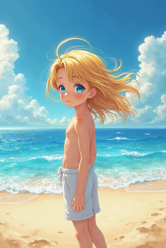 (super flat, flat hatching, flat colors:1.1), (Seaside), 1 Girl, Small, 12 years, Slim, flat , (tanned skin:0.6), long light hair, Blue eyes, , straw hat, behind, lower, lean forward, bending backwards, , smile, wind, blue sky, Bright sunlight, The best shadows, Watercolor, Without clothing