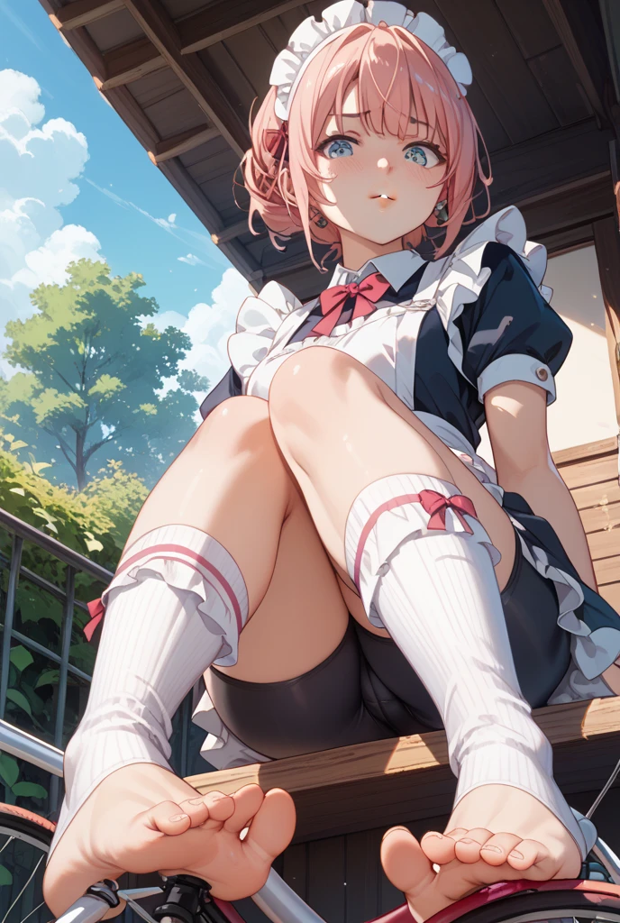 ( 4 diferent girls having sex),4 Girls with pink hair, long twintail hairstyle, ((small bushy eyebrows)), wearing gothic lolita clothing, lolicon , walking to school, flirty smile,, walking to school, bored look, bored face,, (sitting with legs open lifting her skirt to show her vagina wet with semen),1 boy having sex with the girls, scaried young boy