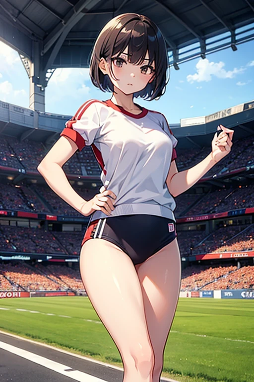 ((masterpiece,Highest quality:1.3,best quality illustration)),((realistic:1.2)),cowboy shot,独奏,1woman,18 year old beauty、black hair,short bob hair,(center parted bangs),black eyes,(gorgeous big eyes),((very small head:1.4)),blush,Heavy breathing,((slender body:1.2,skinny)),(tan skin:1.4),small breasts,(White tank top、school gym red buruma),White sports socks、White sneakers、gleaming skin,oily skin,slender body,sweat,Run、Athletics Stadium、Tokyo、