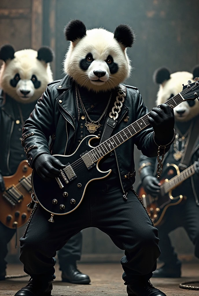 (masterpiece, best quality), panda, playing guitar, looking at viewer, blurry foreground, full body, various pose, rock n roll outfit,