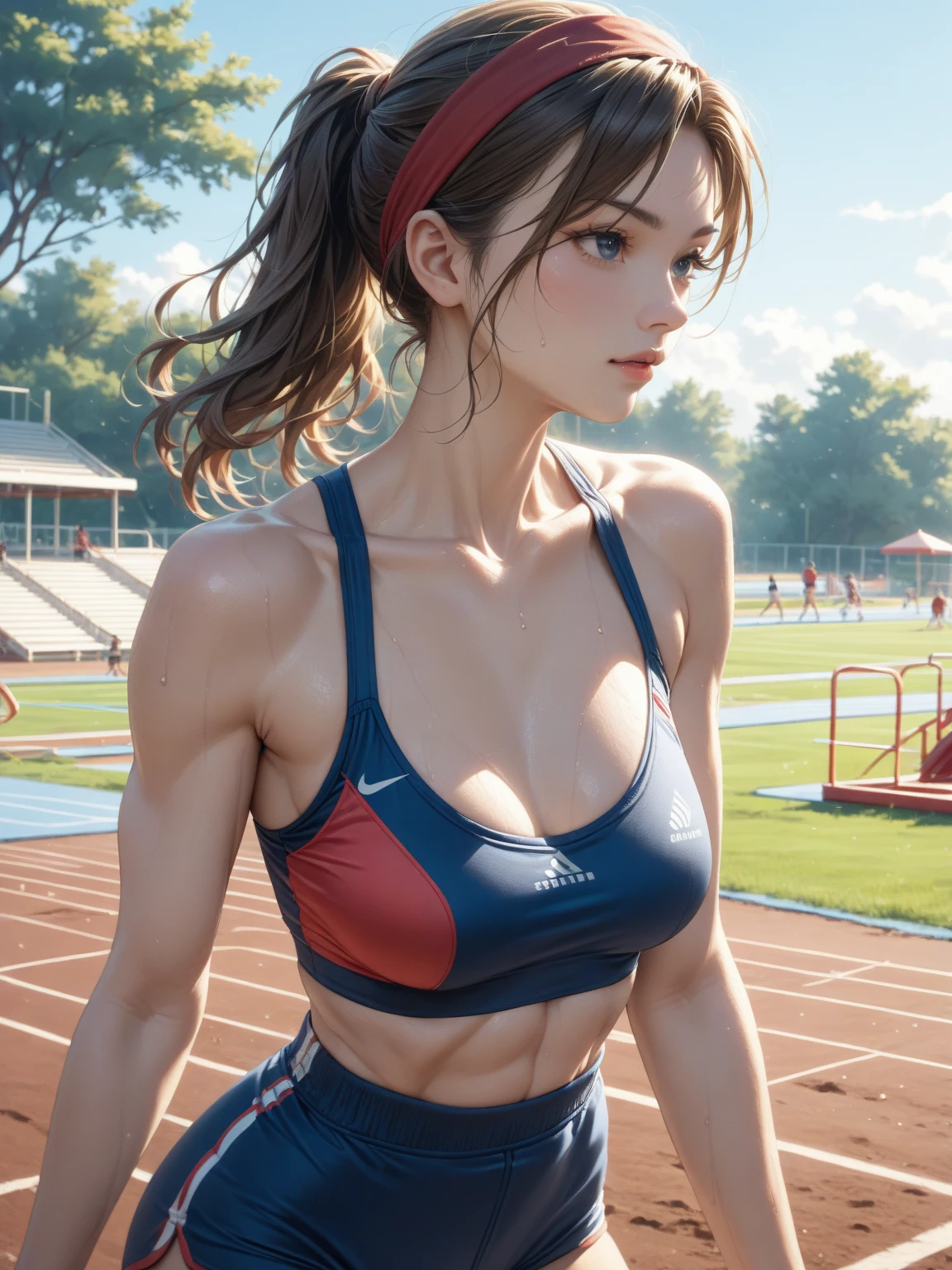 (Muscular:1.8), (thick thighs:1), (hair in a messy bun:1.5), (muscular chest and shoulders:1.5), FEMALE, brown hair, long brown hair, (big smile:0), (wearing a tight athletic shirt and shorts:1.5), looking at viewer, (three quarter view:1.1), upper body view, (track:1.5), dark lighting, detailed skin, detailed eyes, (dark skin:1.), (very thin waist:1.6), (huge round muscles:1.4), (one protagonist:1.5), (tall:1.6),