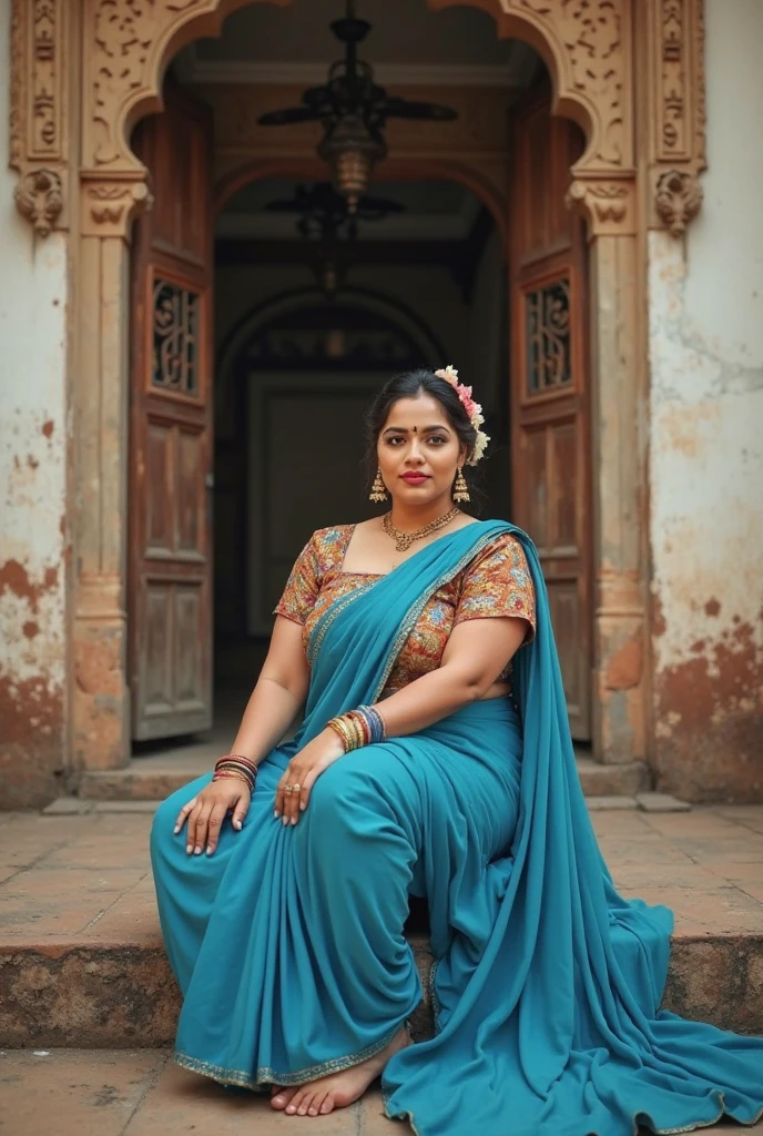a tall and beautiful Indian actress in satin blue saree carrying a large  man over her head sitting on her shoulders in home balcony , natural smile, she has strong arms, traditional