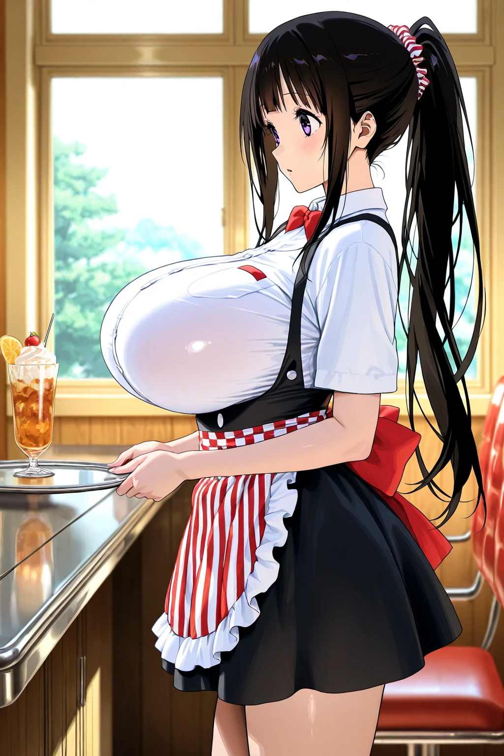 black hair、twin tails、table top、High resolution、three girls、multiple girls、large crowd、many cute girls、big and full breasts、naughty body、underwear only、See-through、pink lingerie、throw、、whole body、Are standing、looking up at me、confused face、blush、black pantyhose、female shape'Private parts are clearly visible、I can see the nipples、white shirt、navy checkered skirt、micro mini skirt、very short skirt、Department store、shop、Many people々、in the crowd、bare chest、show your chest、from below、Low - Angle、Holding the tray、put the chest on the tray、A lot of milk comes out from the nipples、Breast milk splatters from the nipples、pour breast milk into a glass cup、A lot of breast milk spills from the nipples、White drinks