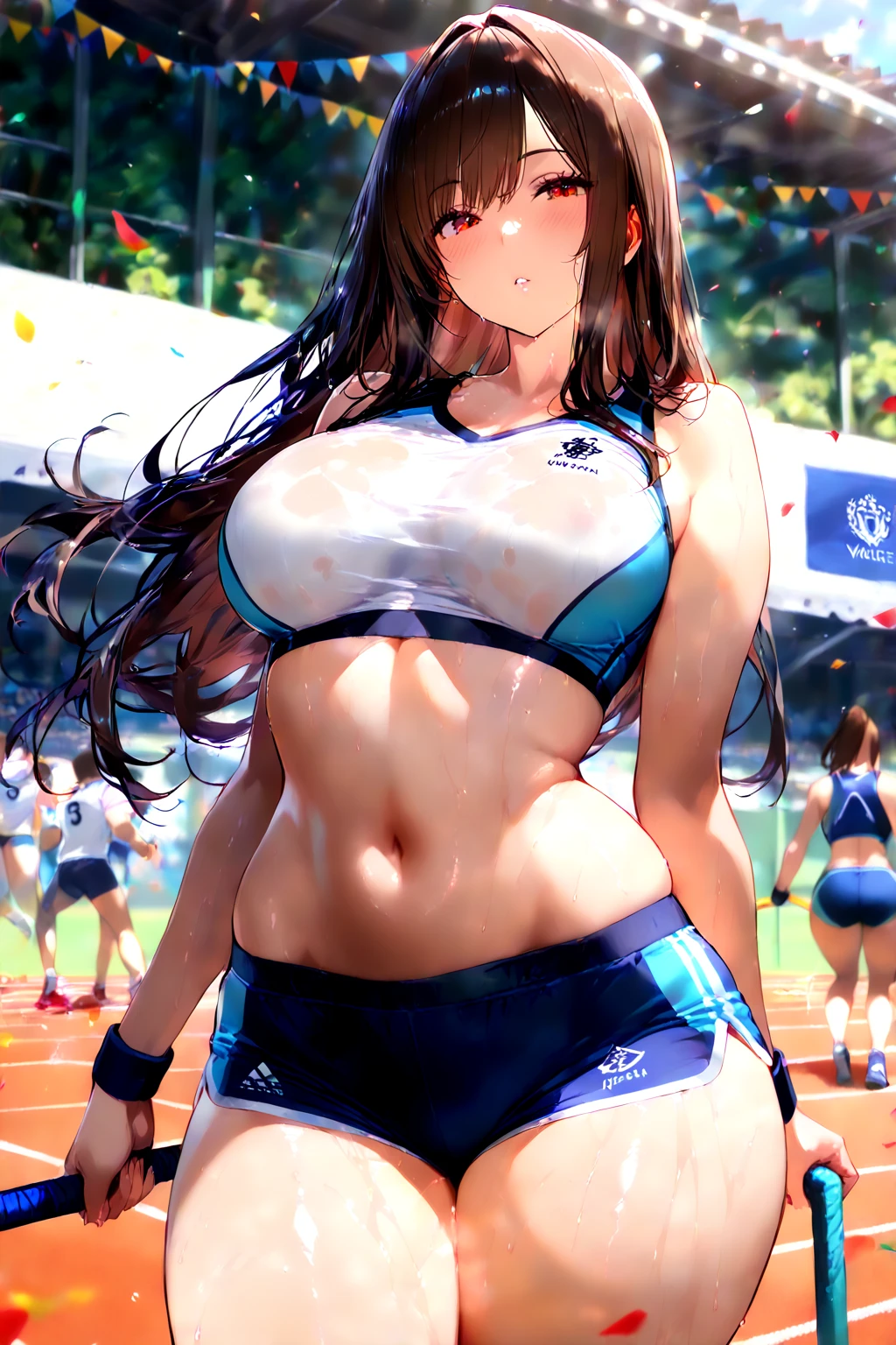 1 female,black hair,25 years old,(((Shiny race queen uniform with exposed belly button)))(((blush、open mouth smile)),(((straight hair))),(((portrait))),crowd,,(wet with sweat)(leather thigh high boots)(((beautiful breasts)))