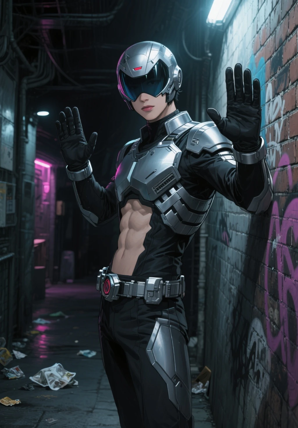 Professional photo in cyberpunk style, thigh-high photo, one man, metal skull, scar on face, metal torso, metal arms, old rusty armor, night city, neon lights, eye contact, looking at viewer, masterpiece, best quality, perfect detail, perfect face detail, perfect eye detail, perfect skin detail, depth of field, perfect lighting