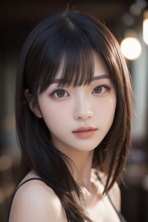 (best quality), (ultra-detailed), (llustration), (detailed light), (an extremely delicate and beautiful), 1young girl, brown hair, brown eyes, model, bare shoulders, best quality, extremely detailed CG unified 8k wallpaper, High-definition raw color photos, professional photograpy, (((Bokeh))), depth of fields, twilight, sunset,