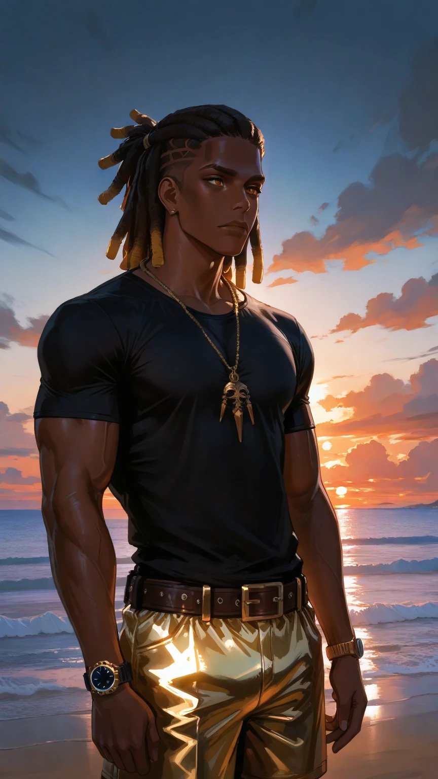 Summer, sun, beach, coconut palms, swell sea, nature, light blue sky, morro de são paulo, bahia, brasil, anime style, 2d, young man sitting in the shade of the coconut tree, with his hand on his knee, holding a joint with smoke, looking down, luminous, dark skin, long hair of dreads, long wavy hair,, tan, surfboard, surf,  high waves, sem camisa, cabsbaixo, pensativo, luz do sol, brilho no rosto, sombra no rosto, sentado na areia, vegetação ao redor, pedra com musgo