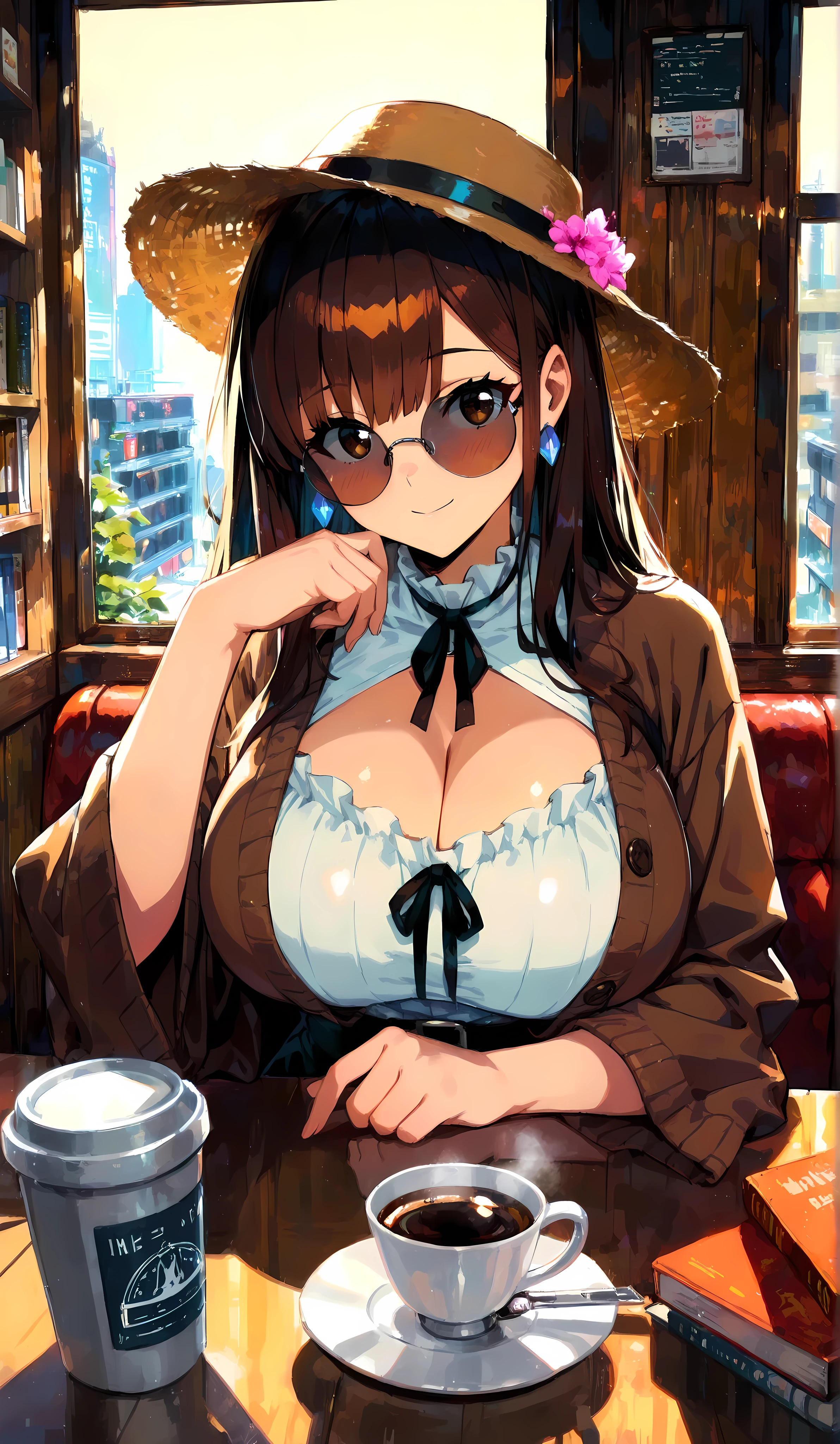 masterpiece,
high_quality, highres, detailed_eyes, detailed, masterpiece, best quality, absurdres, 8k, HDR, face_focus, high quality, very_awa, newest, absurdres, highres, depth_of_field, realistic_skin,
Shinkaistyle,
pinkretroanime, retro art,
cyberpunk, hi tech, future tech, neon, (Cybernetics:1.25), (Neon Cityscape:1),
Jeddtl02,
p0nyd1sney1ncasev1x0n2, tall body, slender body, fit body, long legs, deep cleavage, (lineless:1.5), smooth edges, In the given image, a young woman exudes an air of casual sophistication. She sits at a table in what appears to be a quaint café or bookstore, her attention seemingly caught by something off-frame. Her left hand is gently resting on the edge of the table, while her right hand holds a cup of coffee. The woman is adorned with a floppy hat that casts soft shadows on her face, adding to the relaxed ambiance. She wears a large, round sunglasses perched atop her head and a white blouse paired with a brown cardigan. The cardigan's collar is turned up, perhaps in response to a chill in the air or simply as part of her style. The background is characterized by a vintage aesthetic, with wooden walls, shelves filled with books, and a window allowing natural light to filter into the room. A sign reading "CARY" hangs on the wall behind the woman, suggesting that she might be in her favorite local business. The color palette of the image leans towards soft pastels, creating a calming atmosphere. The lighting is such that it casts gentle highlights and shadows across the woman's face, hinting at the time of day being either early morning or late afternoon. The overall composition of the image suggests a quiet moment of contemplation in a cozy, intellectual setting., 1girl, solo, long hair, looking at viewer, blush, smile, bangs, brown hair, shirt, black hair, long sleeves, hat, dress, bow, ribbon, brown eyes, jewelry, sitting, closed mouth, upper body, flower, earrings, parted lips, glasses, day, indoors, hand up, wide sleeves, medium hair