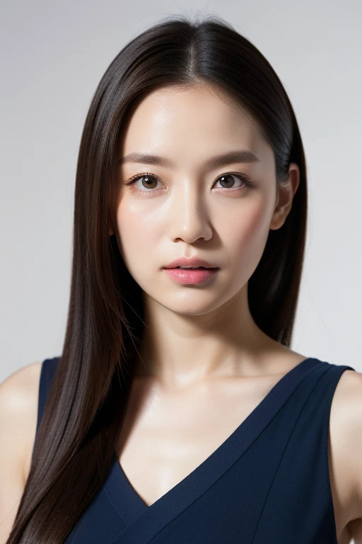 Ultra-high resolution, masterpiece, Rough skin, Very detailed, Photorealistic, Professional Lighting, Written boundary depth, sharp, (Gray background), (Front view:1.2),(Japanese Mature, 45 year old women are sexy), Detailed face, Beautiful Eyes, bangs, Shapely large breasts, Light brown straight hair, Faint lips, (Catch Eye:1.3),((Stand in front、Looking at the audience, Serious face eyes,)), White blouse, Cleavage, Full body photo, Cowboy Shot,