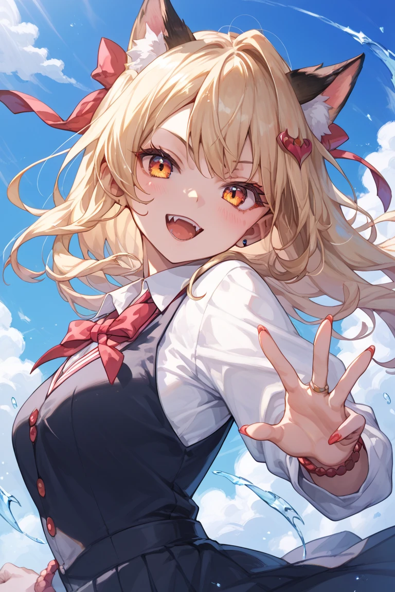 Highest quality, Ultra-detailed CG Unity 8k Wallpaper, Beautiful details、Large Breasts、Blonde、T-pose、White Shirt、mini skirt、Red ribbon、Lady、Slanted Eyes,2the same person、全身が入った正面のT-pose、Full body sideways pose
