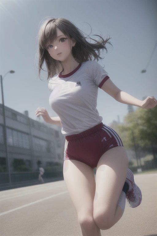 masterpiece, best quality, 1girl, beautiful business woman with wavy hair, purple hair, red hair, low ponytail, large bust, wearing sports bra and gray midi pencil skirt, long skirt, midriff, belly button, sneakers, bracelet, summer, garden in the city, looking at viewer, light smile, full body,