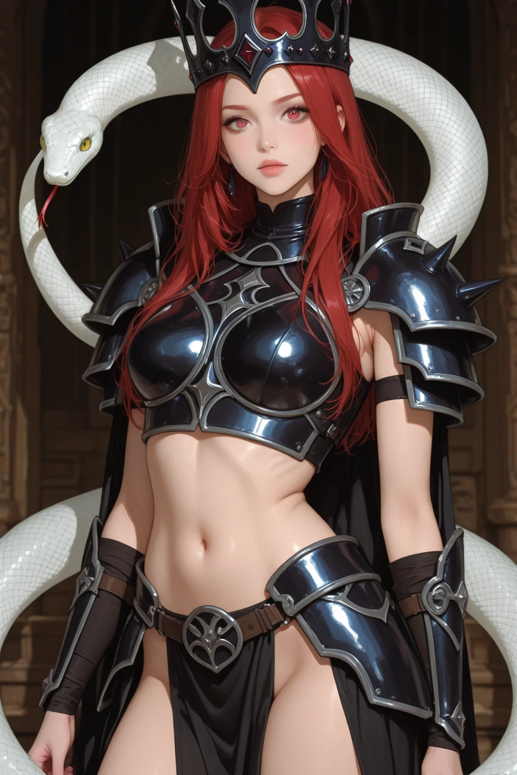 a woman with red lipstick has armor on and is holding a sword, kirijou mitsuru, 1girl, solo, hair over one eye, long hair, (((red hair))), weapon, (rapier), bodysuit, black bodysuit, grey bodysuit, hand on hip, (((large breasts))), (purple theme:1.2), ((indoors)) (In Baroque style hall:2), queen, ((majestic)), graceful, perfect face, beautiful face, perfect female body, mature female, (glowing red eyes:1.2), short ponytail, Queen's crown, darker violet gossamer veil, royal red cloak with jewels and fur, royal red shawl with jewels and fur, (earrings), (jewels, jewelry:1.2), head ornaments, (hands ornaments), legs ornaments, (high heels), Narrow waist, big ass, wet, wet body, sweating body, shiny skin, ((no close up)), (8k, RAW photos, highest quality, masterpiece: 1.7). (Realistic, Photorealistic: 1.9)