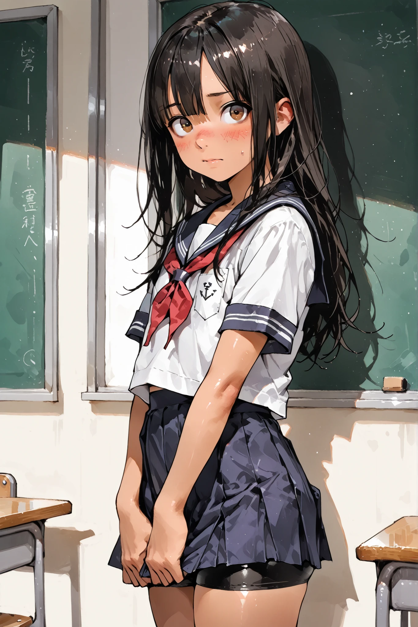 ((1 girl)),Super Detailed,absolute resolution,(dynamic angles),(tanned skin:0.3),(portrait),((pinup)),((cowboy shot)),from side,In the classroom,
beside viewer,standing,((skirt tug)),
school uniform,serafuku,(short sleeves),navy pleated miniskirt,black bike shorts under miniskirt,
detailed and beautiful face and eyes,brown eyes,eyes reflection,big eyes,Japanese girl,flat chest,(round nose:0.5),
semi-long straight black hair, chest-length hair, neat straight bangs ending between eyes, slightly parted bangs, long front hair strands,,(messy hair:0.7),
(blush:0.7),(nose blush:0.7),[embarrassed],Watercolor anime,


