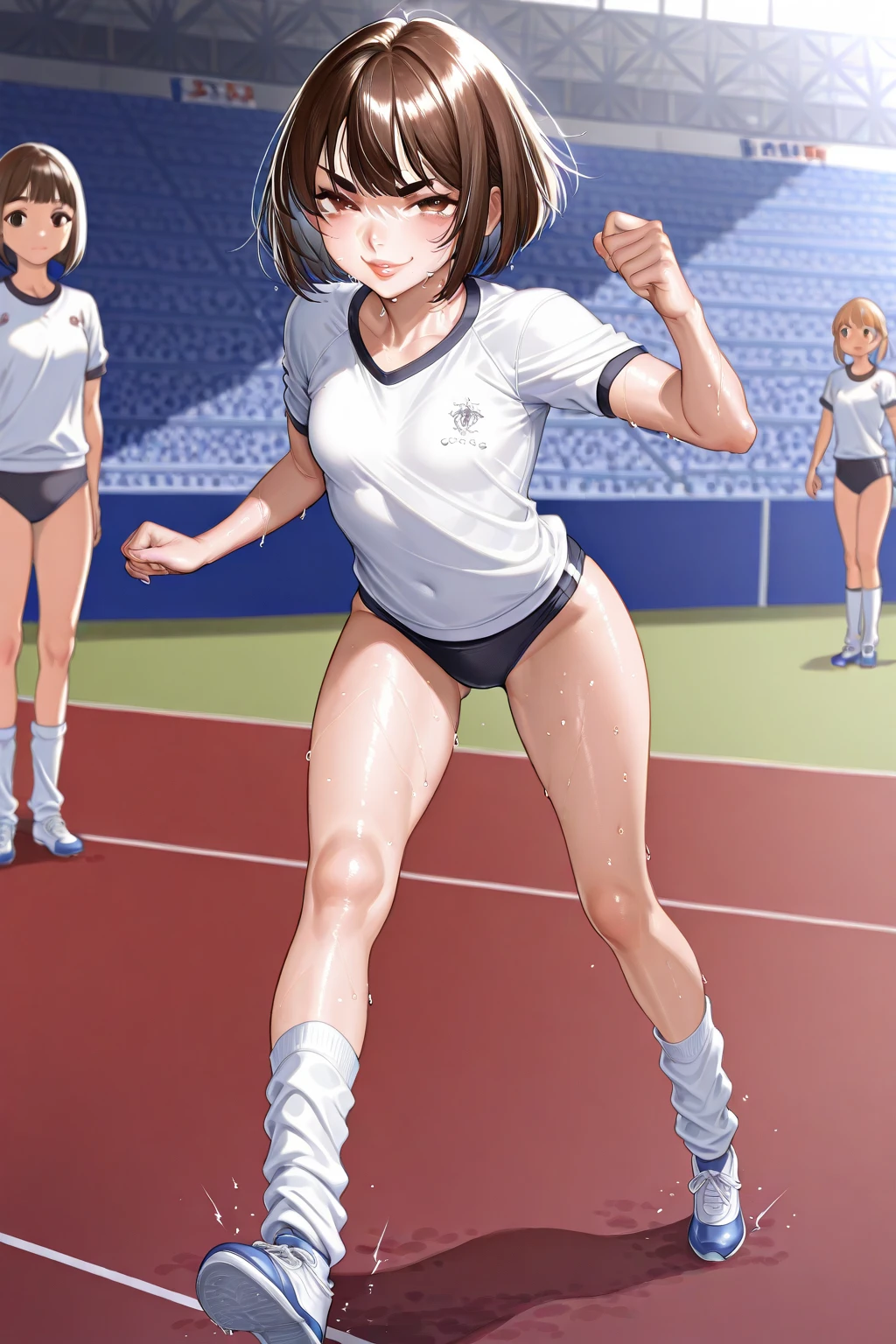 ((chibi, large head,)), dark skin, short hair, spiky hair, black hair,  ((loose socks, female gym uniform, red sneakers, long sleeves shirt, latex shorts, red buruma, white shirt, cameltoe)), standing, (((peeing self, wetting self, dark pee stains, puddle))), (blushing, crying, embarrassed expression, open mouth, screaming), full body, closed eyes, track and field background, ((crowded grandstand, audience cheering)),(1girl, solo, female focus), hands on head, oily skin, shiny skin