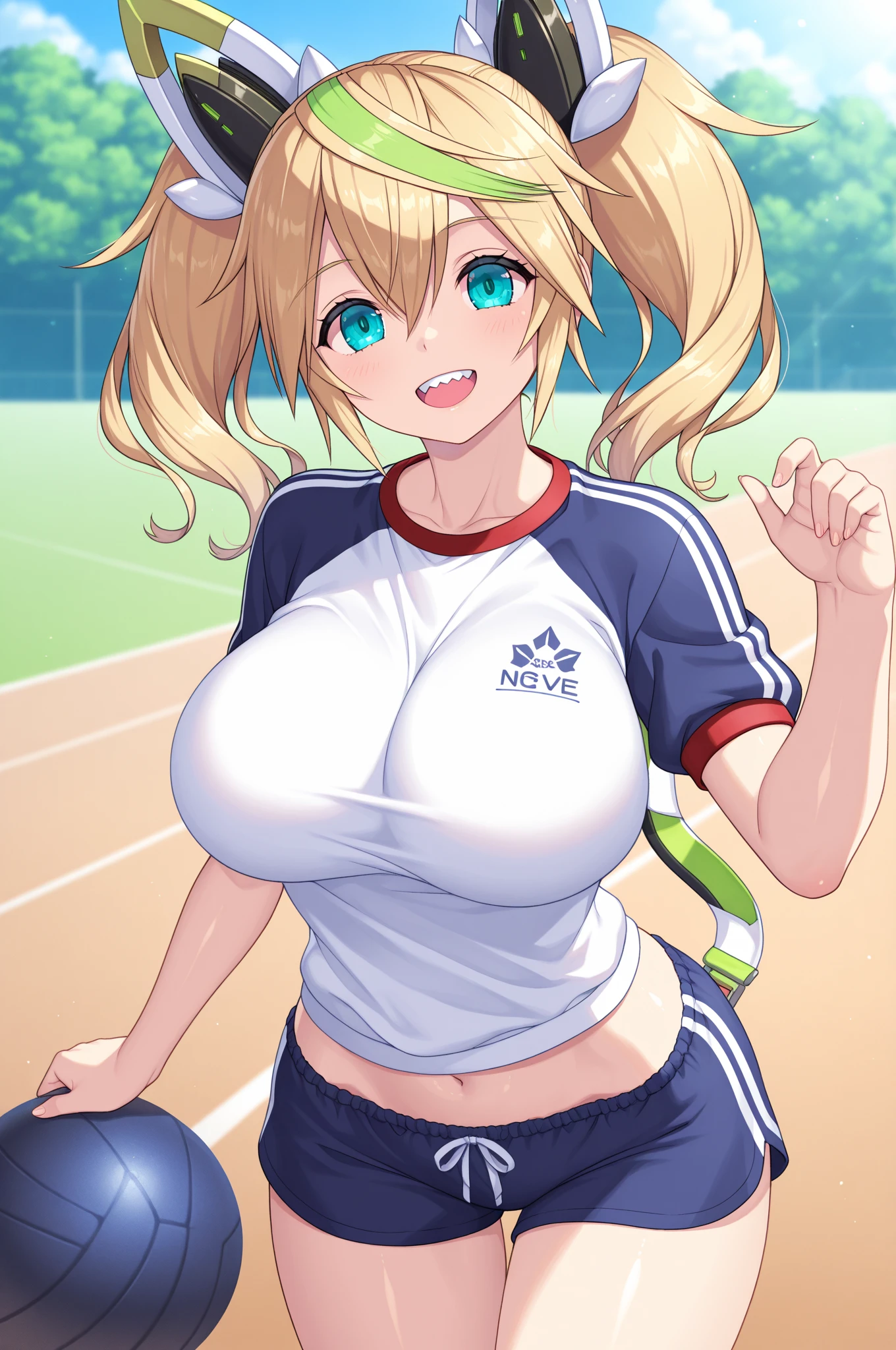 Big breasts, 1girl, ((blonde hair)) ((wolf girl)) blue eyes, has an extremely sexy body, with full breasts and thin waist, gym class uniform, has a bold appearance. young, quality, realistic, best quality, cute expression, panting, daytime, school, sports court, top view, doing sit-ups