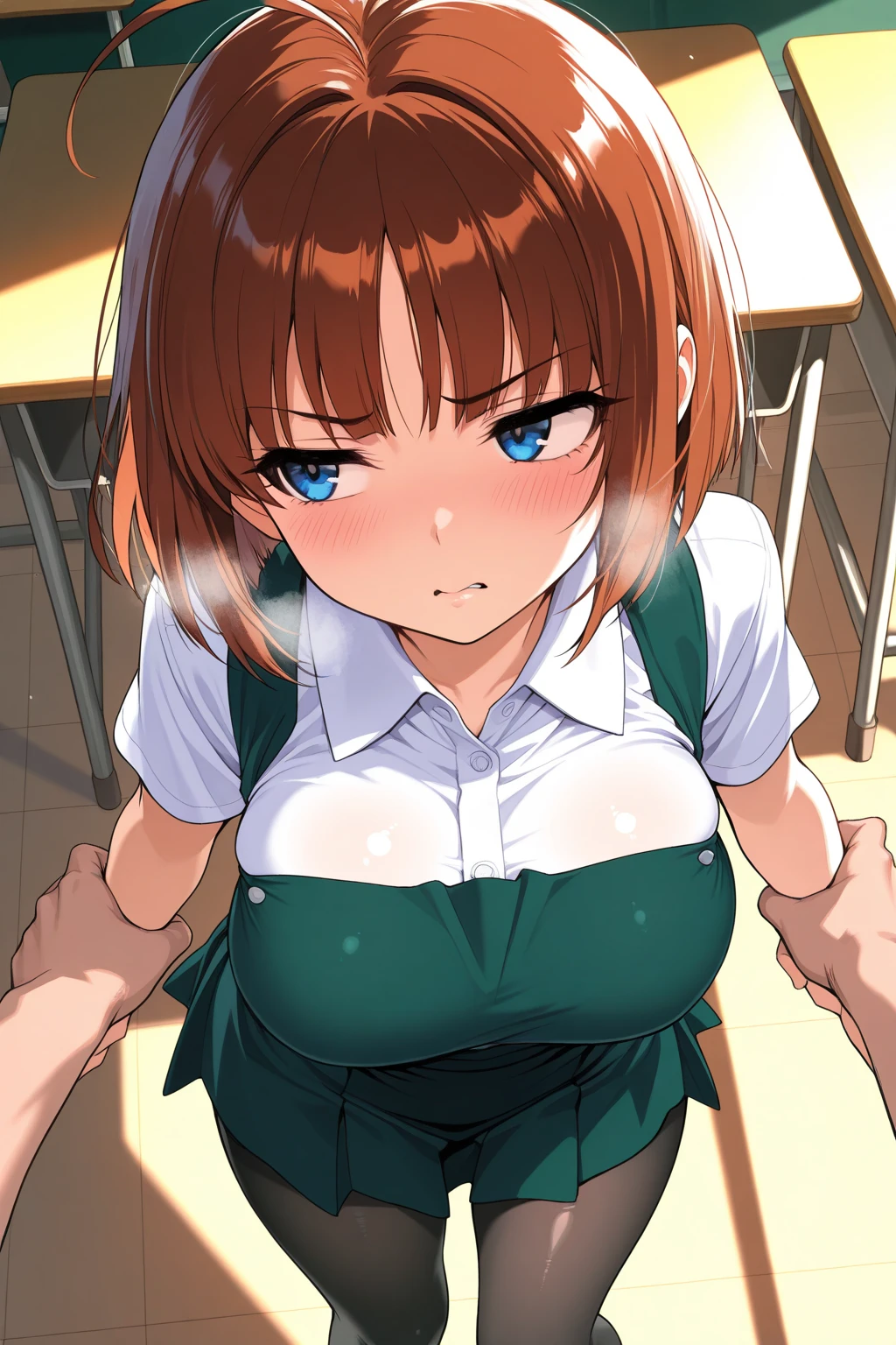 ((Table t○p, highest quality, Hi-Res Lucifer,Anime Screen Capture、Pixel Perfect, 8k、Browsing Caution、Sex)))、Perfect Anat○my、Miyu Kato、(((Maintenance staff、Chubby、Big Breasts、Swollen nipples、Wide Hips、Wide Hips、Thick thighs、Being restrained、Hands on chest)))、(((long sideburns)))、((Short Hair、single braid ponytail、Brown Hair))、(((Shirt lift、White T-shirt、Light blue lace bra、Green Cargo Pants)))、Black Baseball Cap、Sweat,(Green Eyes)、 ((:○、blush、Are crying))、(Dark c○ncrete r○○m)