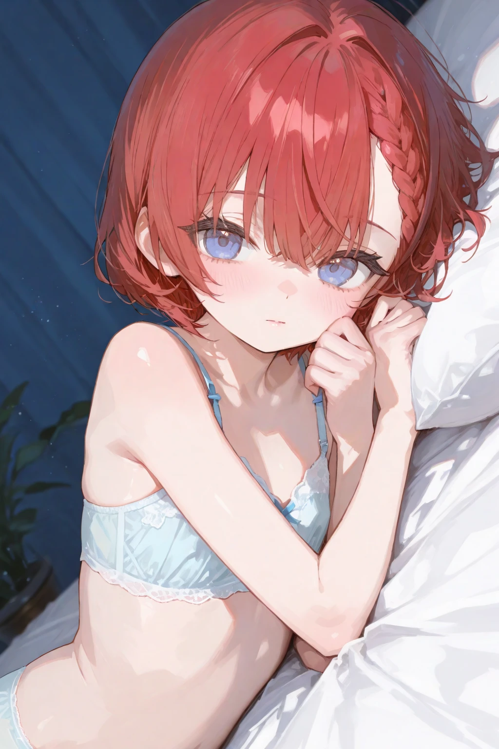 (masterpiece), bunny ears headband, best quality, (sexy thighs), (SHARP details), 4k, highly detailed, looking up to viewer, high angle, ((Freckles)), ((thick iron slave collar wrapped around neck and wrists)), ((Bruises, scrapes and stratches all over body)), injured, (also strange white fluid smeared all over back and butt), hopeless expression, (viera), ((orange hair)), blue eyes, ((long, straight, smooth, silky hair)), shy and nervous, stretching back, ((prone position on bed)), sheepish, emotionless, apprehensive, frowning, hopeless, emotionless, traumatized (()), ((solo)), short girl, petite-body, modern hotel bedroom interior, ((sexy lingerie bra and panties)), sexy white thigh-high webbed leggings, dim light, red light, flat breasts, ((young girl)), (short girl), cute, slender, tempting, slave role-play