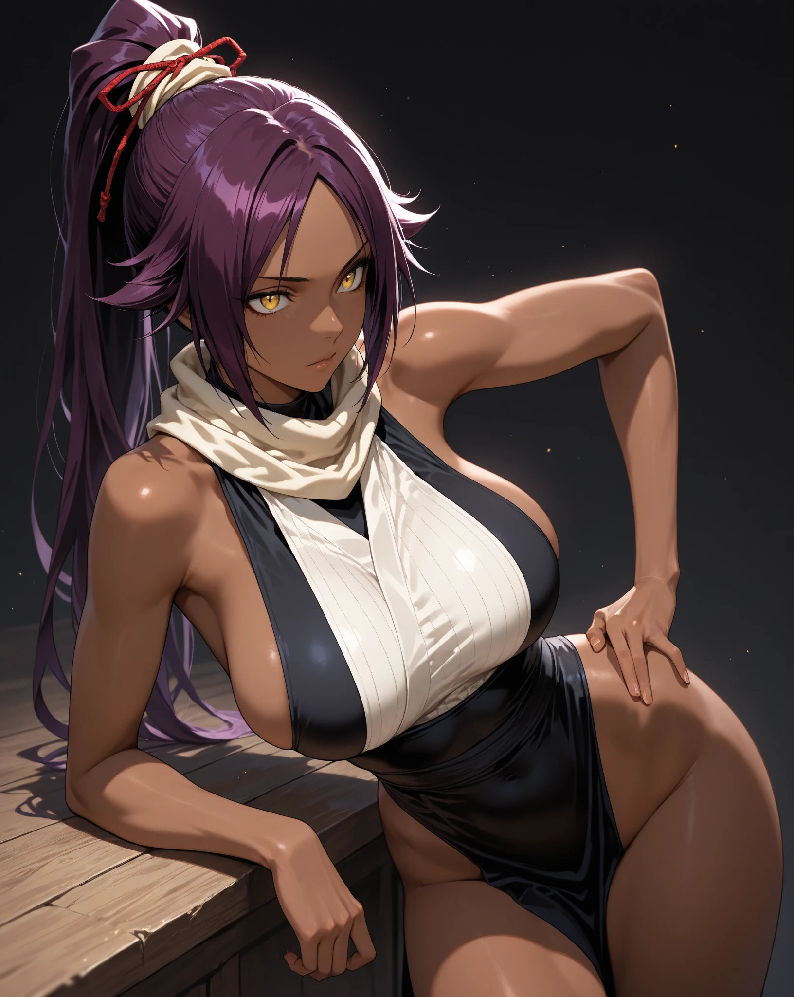1 woman, yoruichi shihouin, long purple hair, ponytail, dark skin, gold eyes ((detailed eyes:1.2)), large breasts, nsfw, sexy, sensual, sleeveless, sideboob, masterpiece, top quality, best quality, official art, beautiful and aesthetic:1.2), extreme detailed, colorful, highest detailed